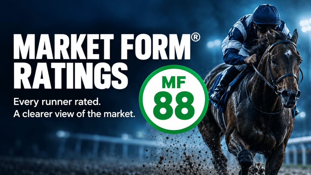 Market Form Ratings: every runner rated, a clearer view of the market, with an MF 88 badge and a racehorse.